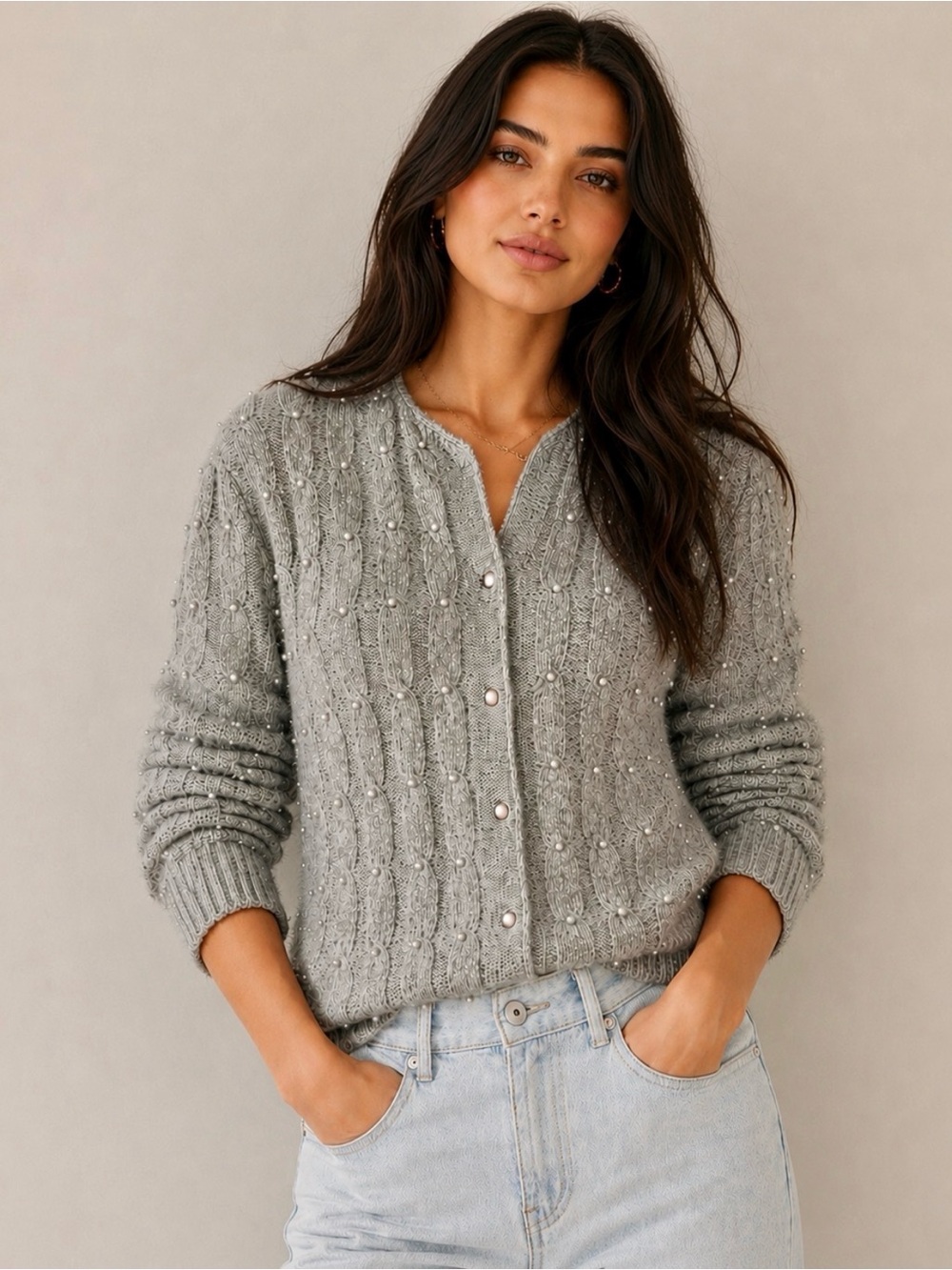 Yarnworks Grey Lambswool Angora Pearl Cardigan Sweater Small Vintage Cable Knit